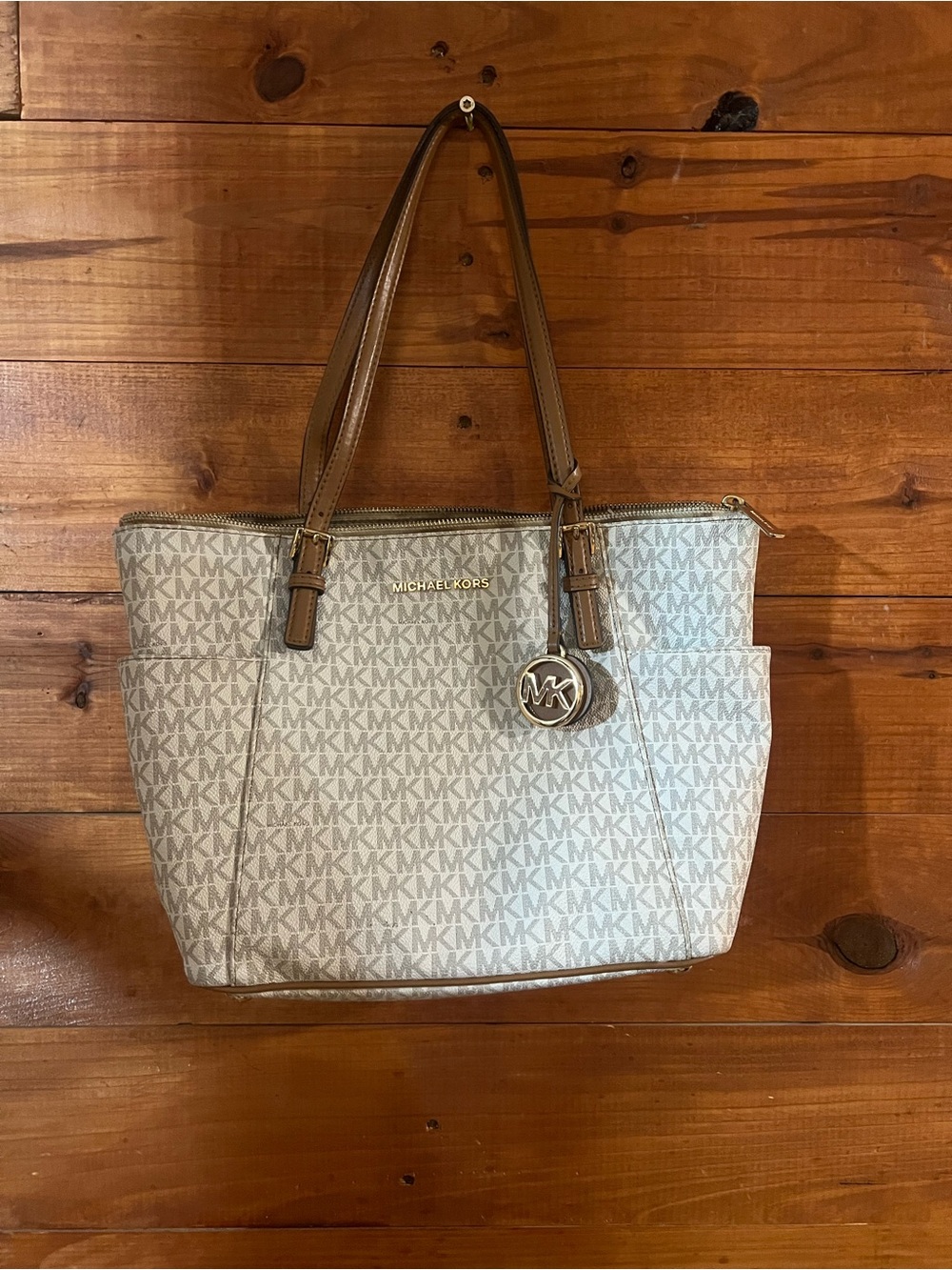 Michael Kors Beige Signature MK Tote with Brown Trim